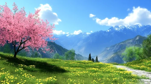 Blossom Tree with Mountain Scenery