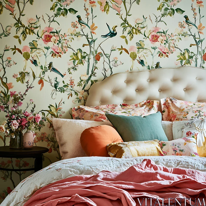 Cozy Bedroom with Floral Accents AI Image