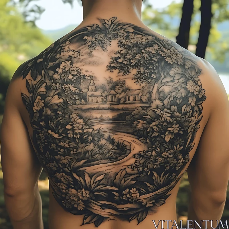 Nature-Scene Back Tattoo in Black Ink AI Image