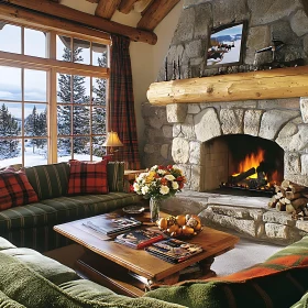 Rustic Interior with Fireplace and Snowy View