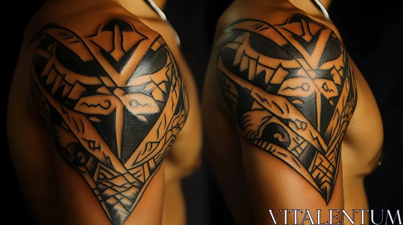 Intricate Black Ink Tribal Arm and Shoulder Tattoo AI Image