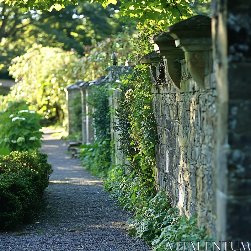 Sunlit Path by Stone Wall in Garden AI Image