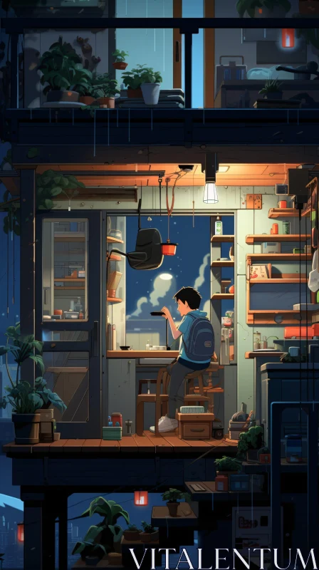 Nighttime Contemplation in a Cozy Room AI Image