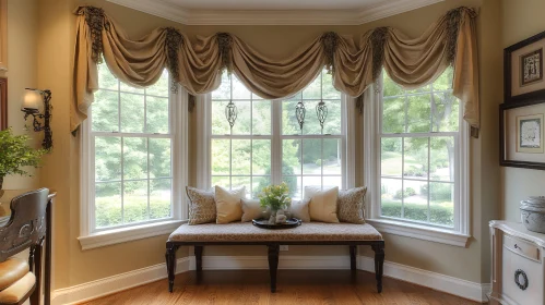 Sunlit Window Seat with Cushions and Drapery