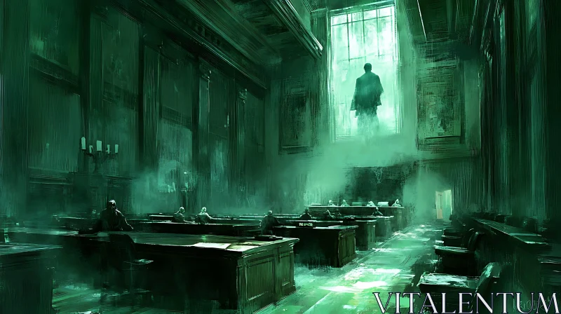 Green Hues in a Courtroom Scene AI Image