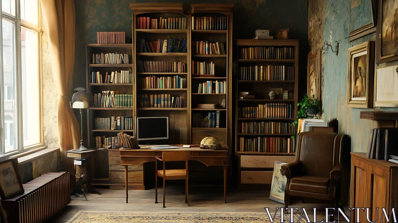 Classic Home Library with Antique Furniture AI Image