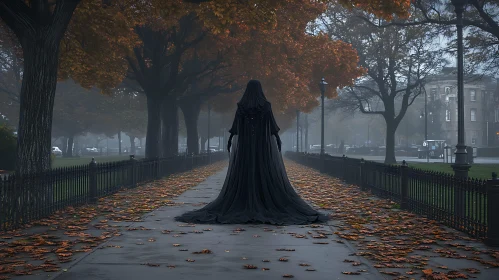 Mysterious Walker in Foggy Autumn