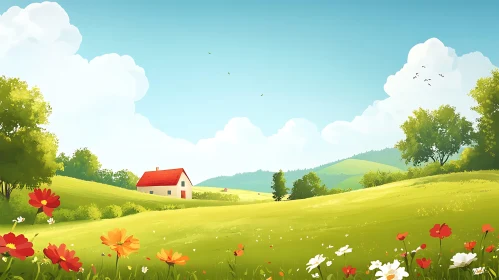 Cartoon Landscape with House and Flowers