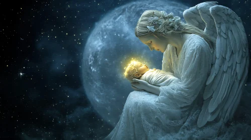 Guardian Angel with Baby in Moonlight