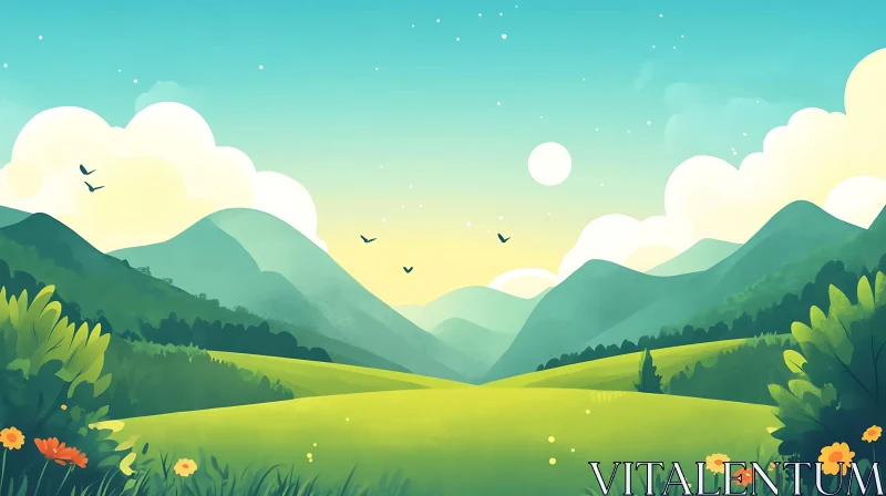 Peaceful Mountain Meadow Scene AI Image