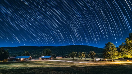 Night Sky Star Trails Over Houses