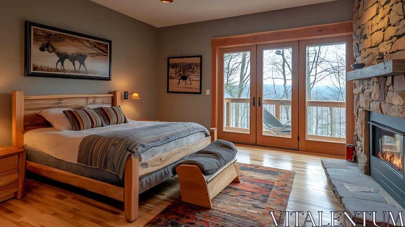 Rustic Bedroom Interior with Stone Fireplace AI Image