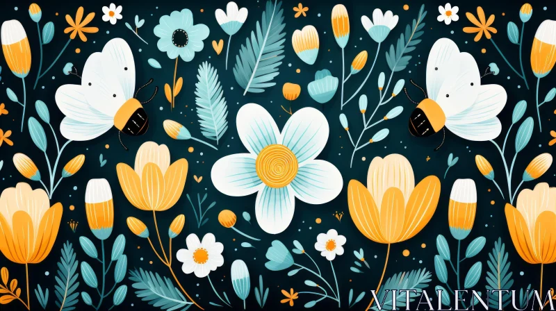 Colorful Abstract Nature-inspired Illustration with Flowers and Bees AI Image