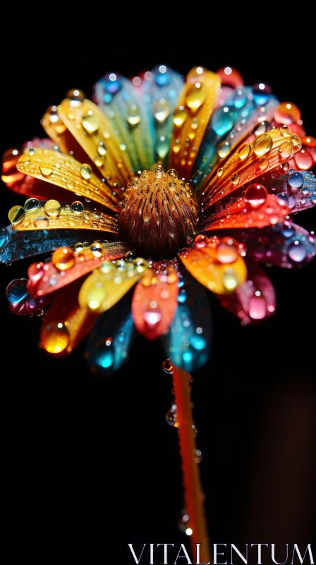 Colorful Flower with Water Droplets on a Dark Background - Chiaroscuro Artistry AI Image