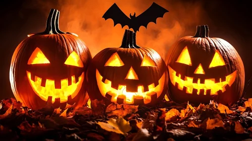 Jack-o'-Lanterns and Bat Silhouette