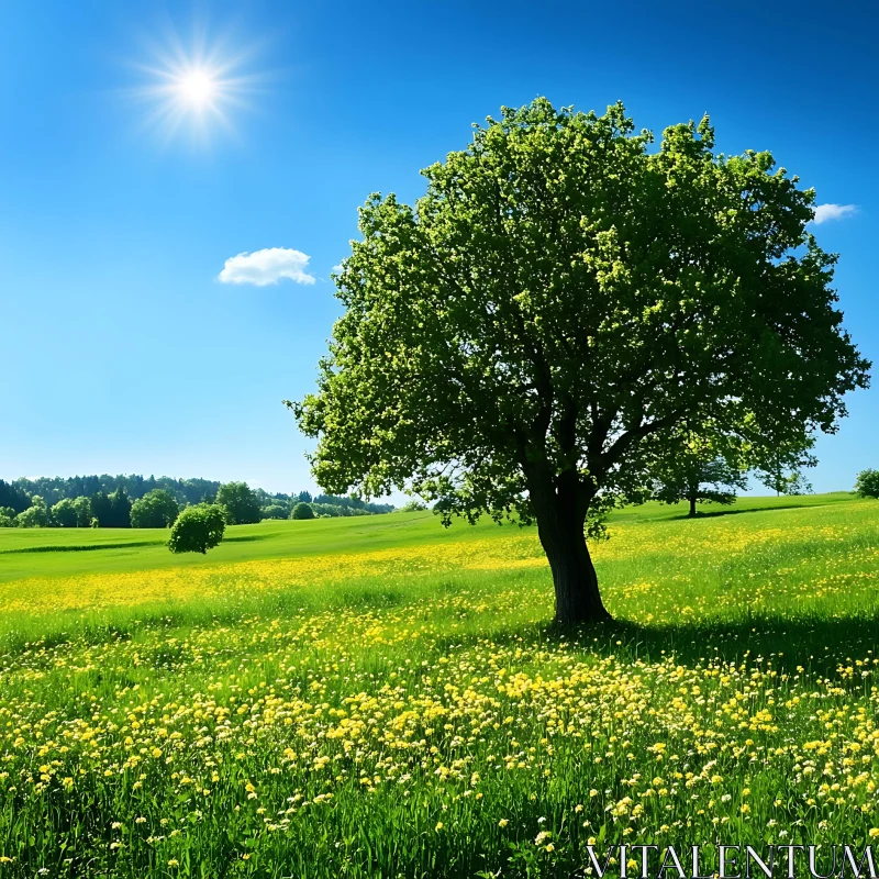 Idyllic Meadow with Tree and Flowers AI Image