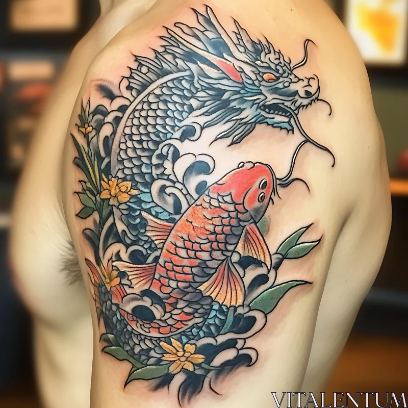 Japanese Shoulder Tattoo with Dragon and Koi Fish AI Image