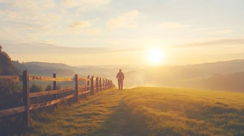 Man Walking Toward Sunrise on Grassy Path