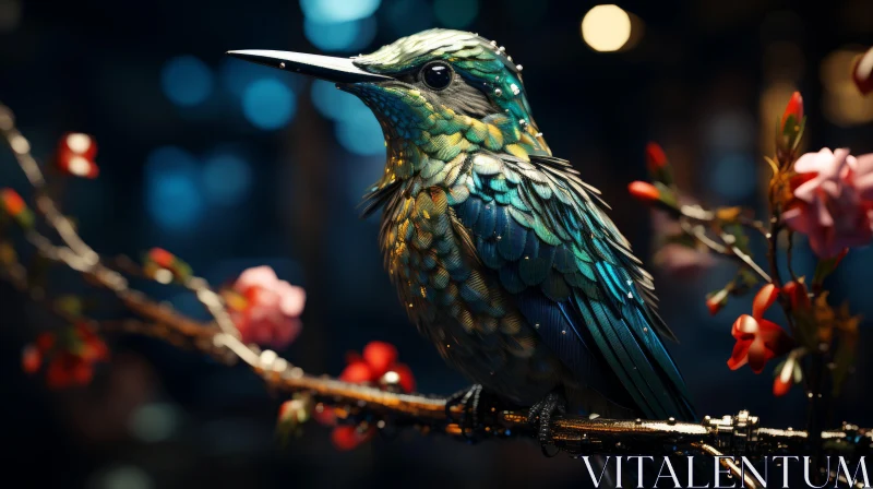 Emerald Bird on Floral Branch: A Fusion of Realism and Fantasy AI Image