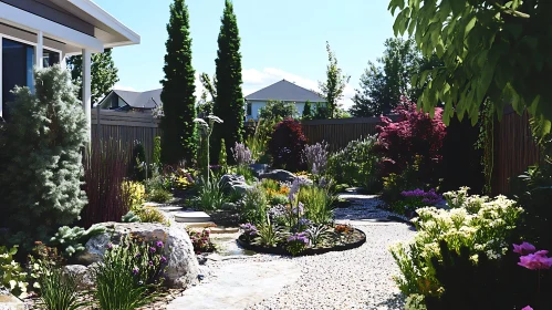 Backyard Garden with Stone Path and Plants