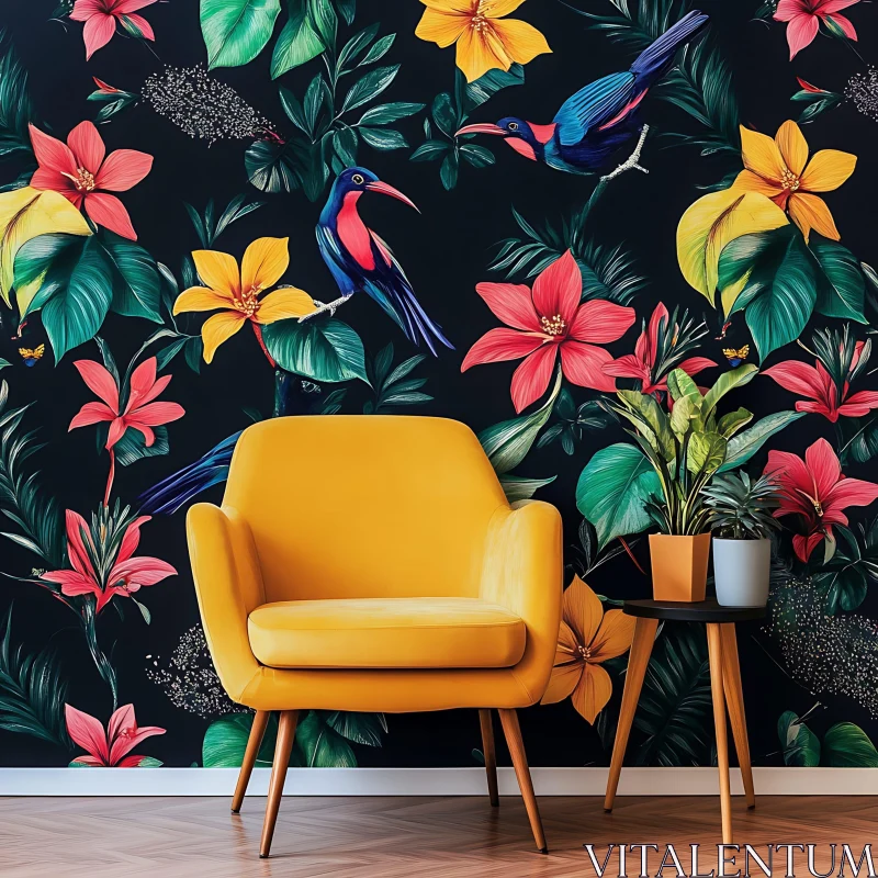 AI ART Tropical Interior with Birds and Flowers