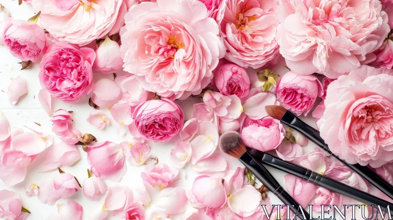 Pink Roses and Makeup Brushes: A Feminine and Romantic Flat Lay AI Image