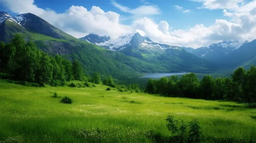 Lush Green Field and Snowy Mountains