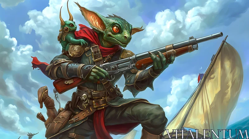 Green Creature with Rifle on a Boat AI Image