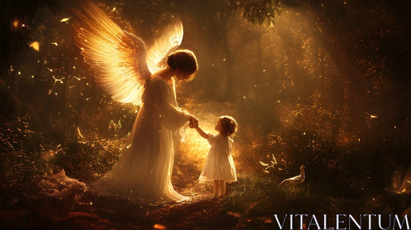 AI ART Guardian Angel with Child in Woods