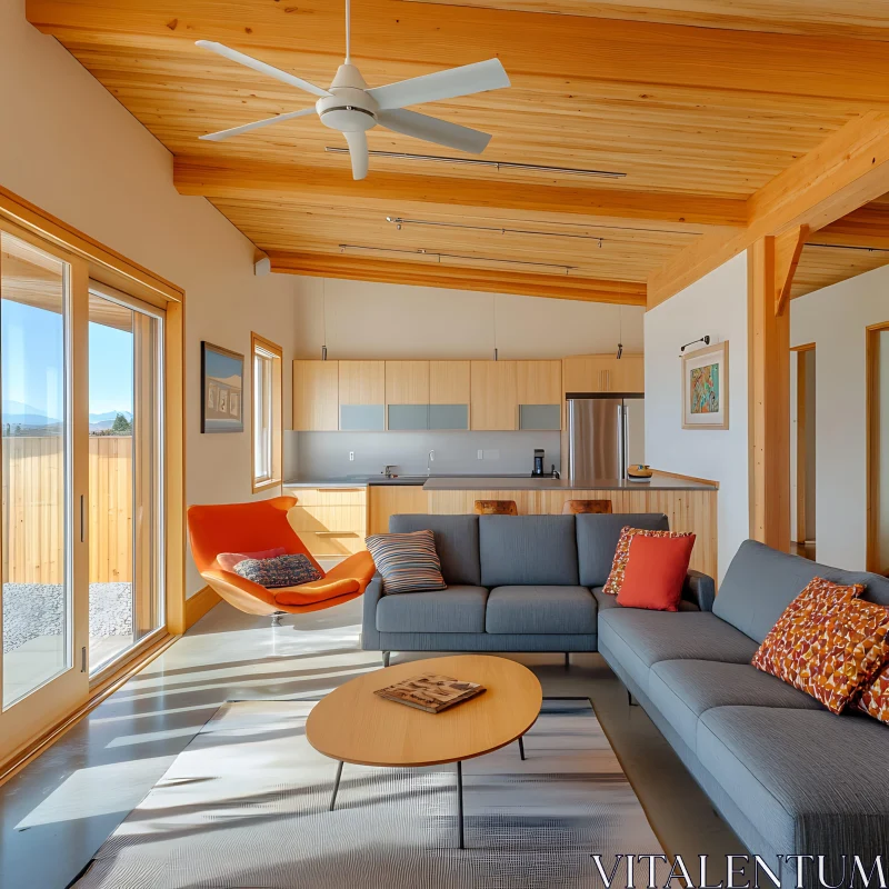 AI ART Contemporary Interior with Gray Sofa and Orange Chair