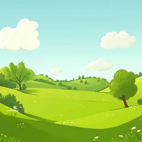 Cartoon Green Field with Blue Sky