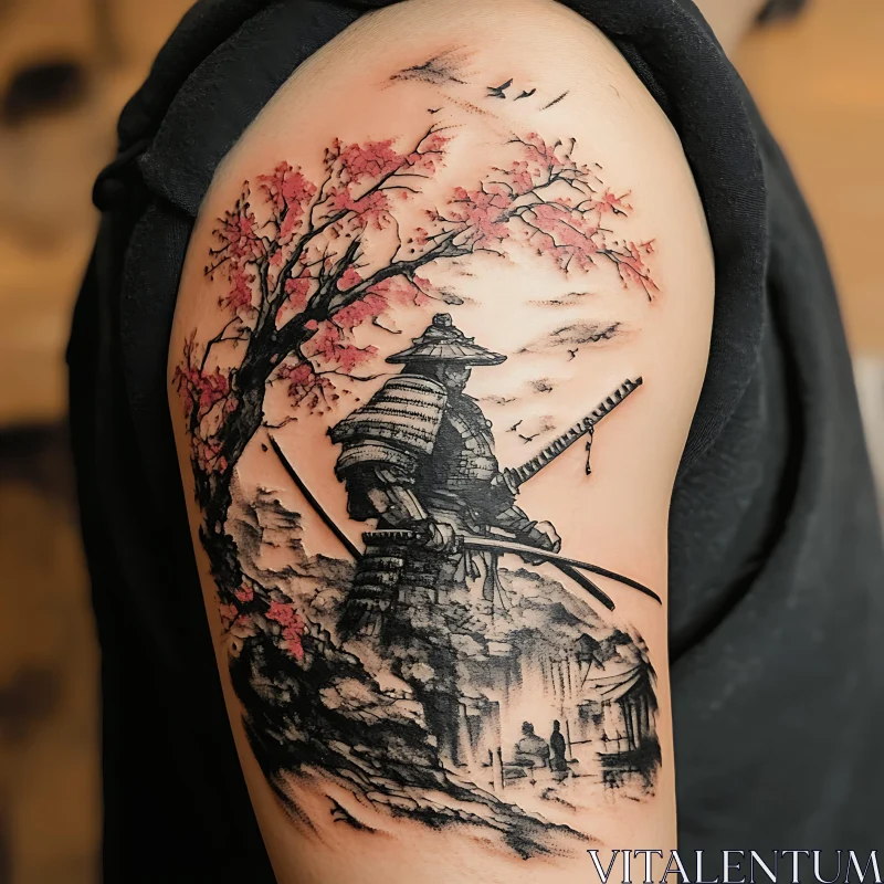 Japanese Samurai Tattoo with Cherry Blossom AI Image