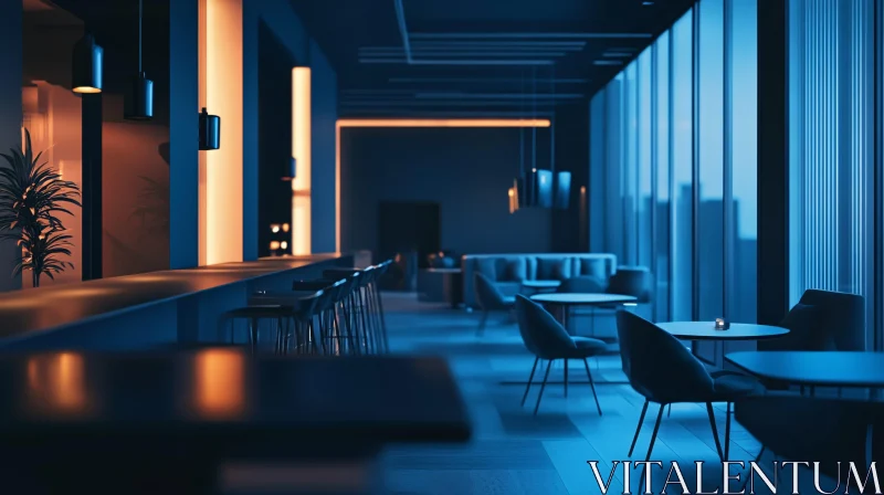 Blue-lit Restaurant Interior AI Image