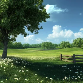 Peaceful Green Field with Tree and Fence