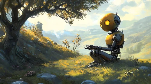 Contemplative Robot in Tranquil Landscape