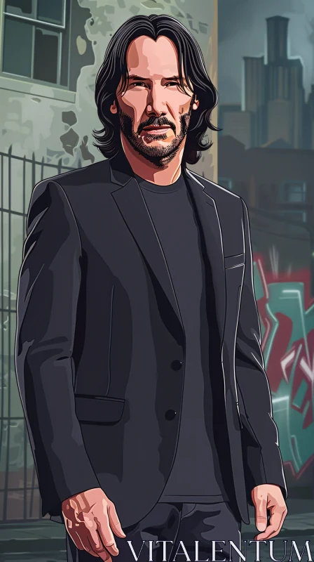 Keanu Reeves in a Black Suit with Graffiti AI Image