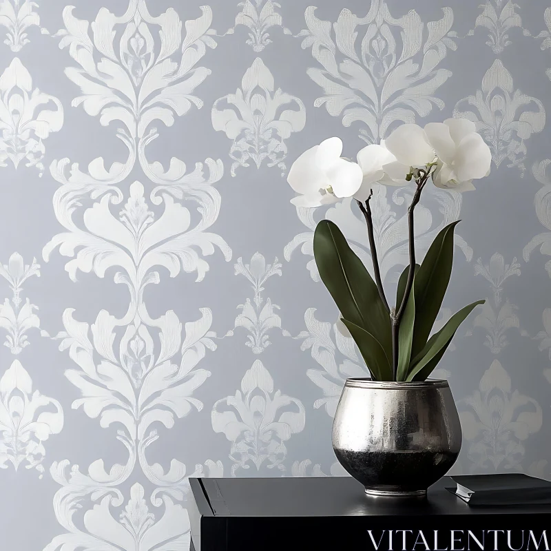 AI ART Orchid Still Life with Patterned Wallpaper