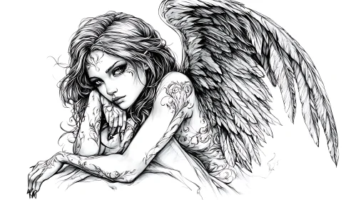 Monochrome Angel Resting with Tattooed Skin