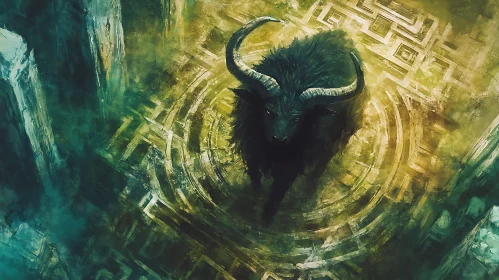 Dark Bull in Green Maze Painting