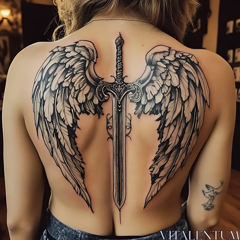 Angel Wings and Sword Tattoo Design on Back AI Image