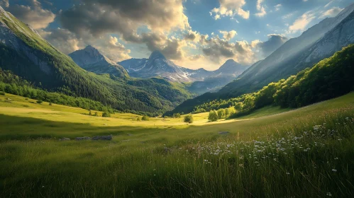 Peaceful Mountain Meadow Under Cloudy Sky