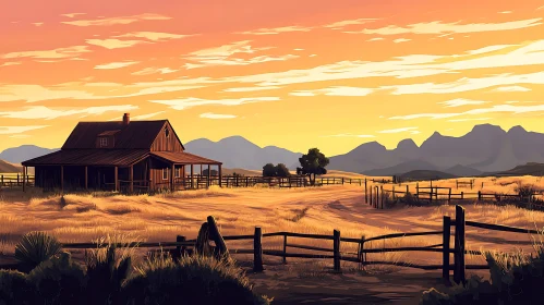 Sunset Over Old Farmhouse Landscape