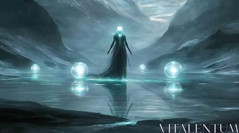 Mystical Figure in Water with Orbs AI Image