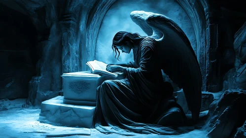 Winged Angel Reading Ancient Book