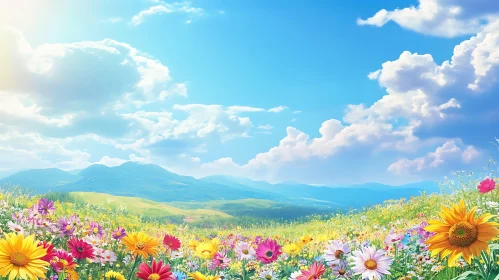 Colorful Flowers Field with Mountain View