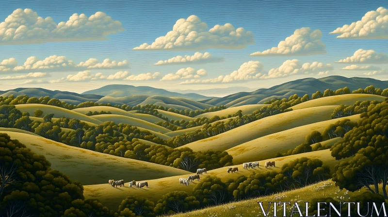 AI ART Cattle Grazing on Green Hills Landscape