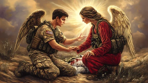 Soldier and Angel Holding Hands Artwork