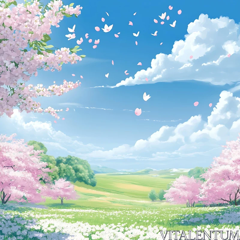 Spring Meadow with Cherry Blossoms AI Image