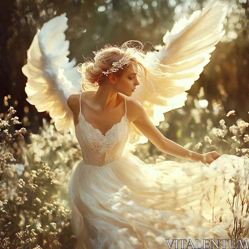 Radiant Angel with Wings in Meadow AI Image