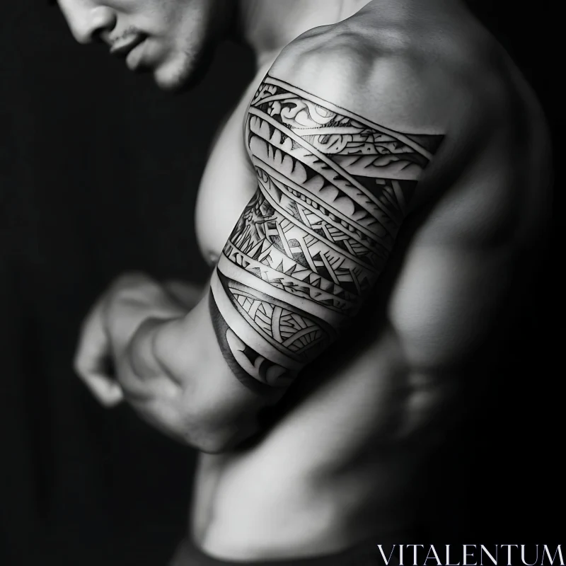 Monochrome Tribal Tattoo on Muscular Arm AI Image